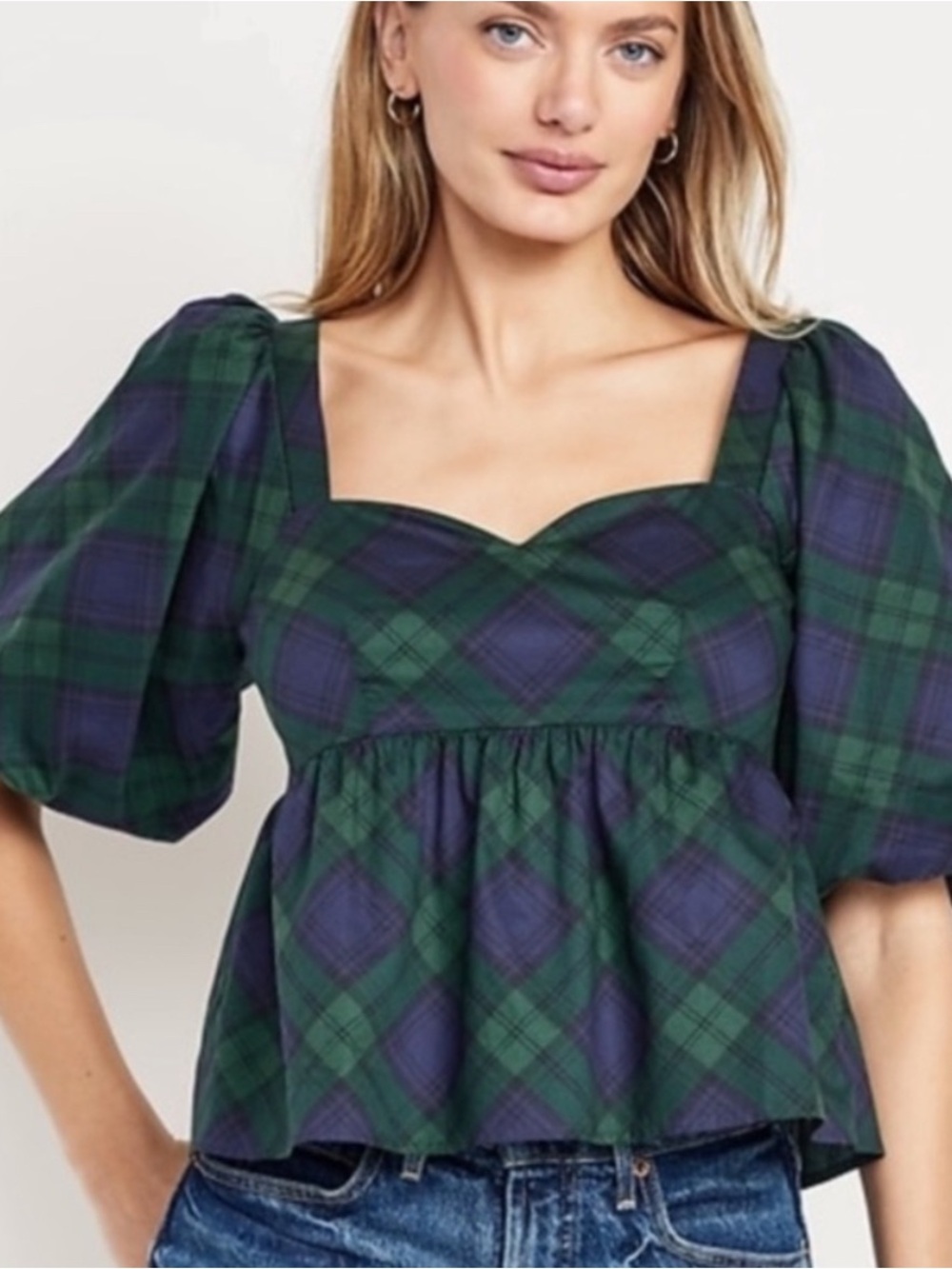Old Navy Green and Navy Plaid Puff-Sleeve Peplum Top